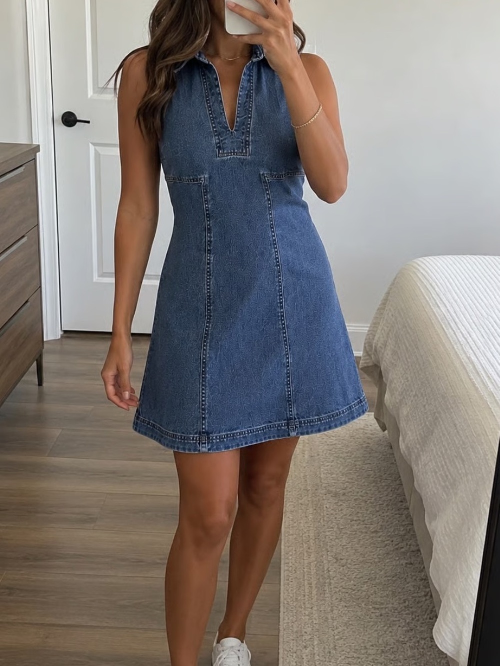 NEW Loft Petite Cotton Denim Blue V-Neck Collared Sleeveless Western Mini Dress
